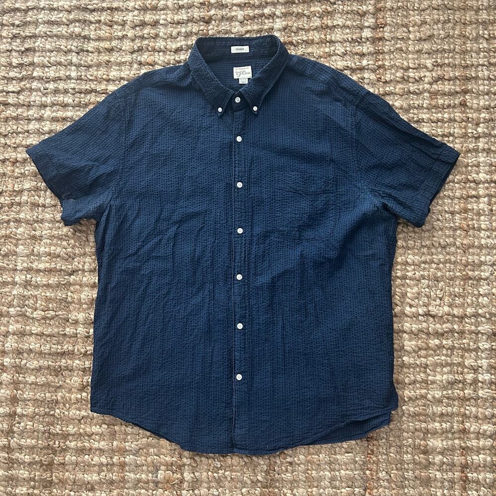 J.Crew Classic Fit Seersucker Button Down Shirt XXL Navy Short Sleeve Cotton